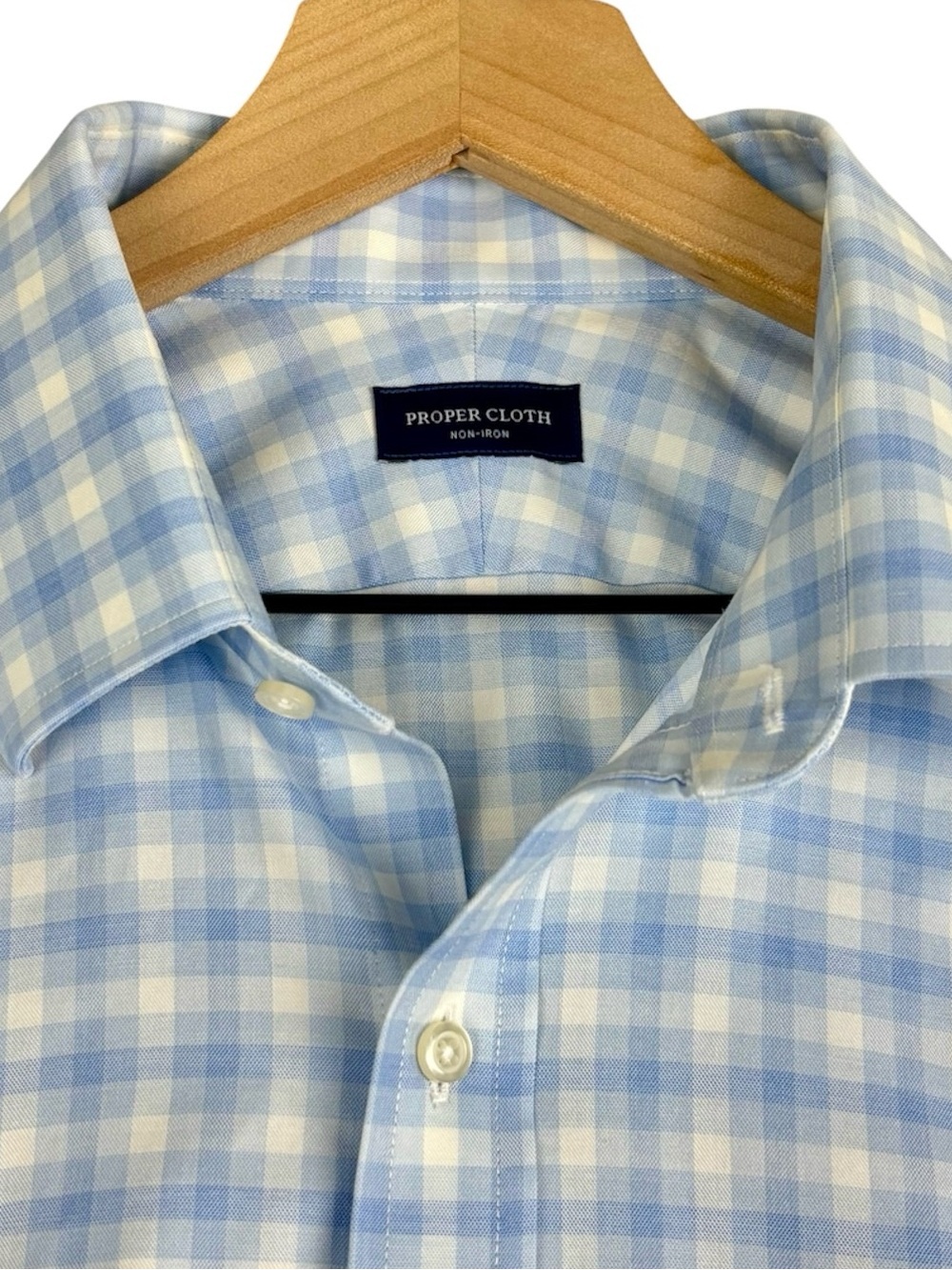 Proper Cloth Dress Shirt Men 17.5 Non Iron Stretch Light Blue Check Monogram TSA